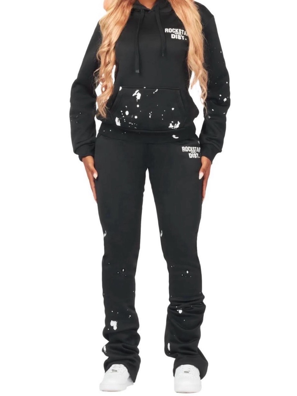 Rockstar Dist. Black Paint-Splatter Super Stacked Joggers
